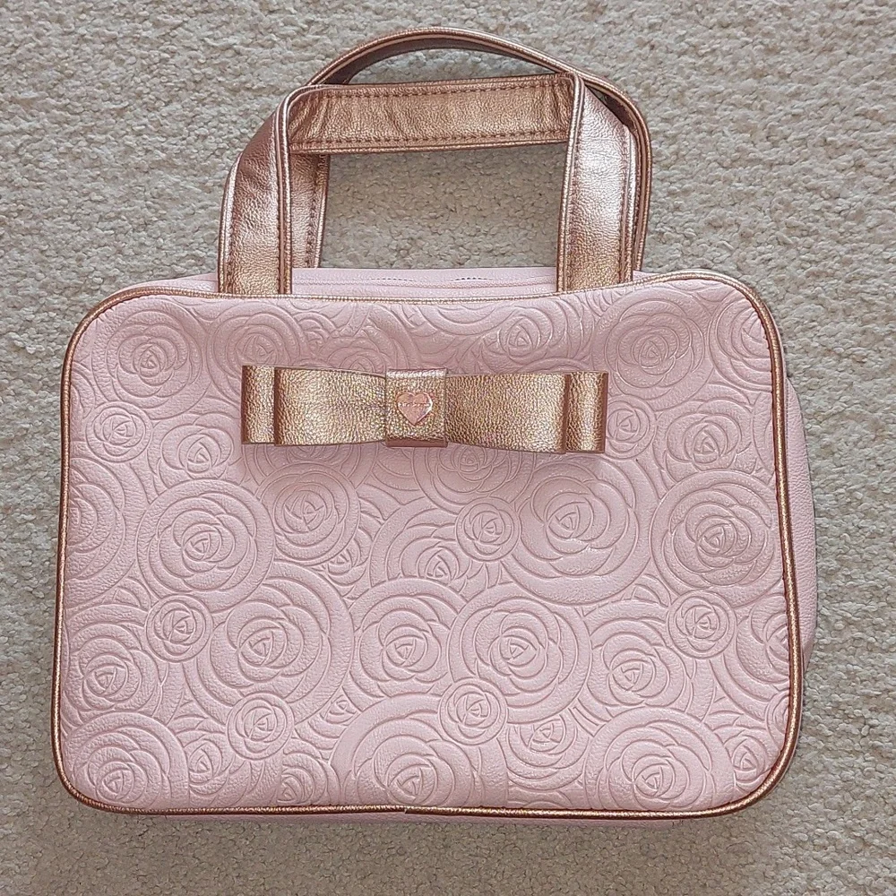 Betsey Johnson Pink Rose Gold Floral Bow Travel Cosmetic Bag